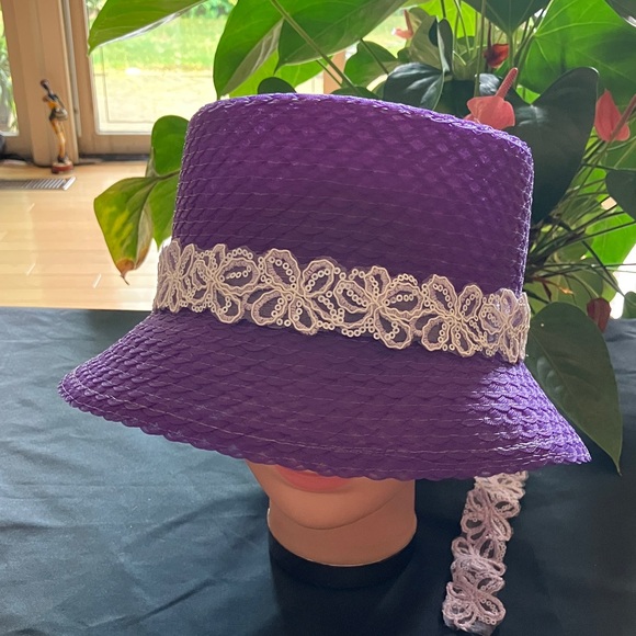 Purple Bucket Hat with White Floral Lace Trim - Picture 1 of 4